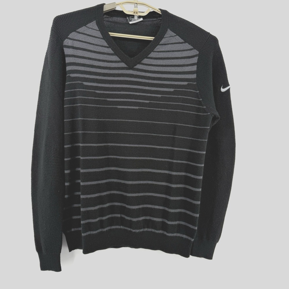 Nike Men's L Golf‎ Tour Performance Wool Blend V-Neck Sweater Black Stripe style - Picture 2 of 11